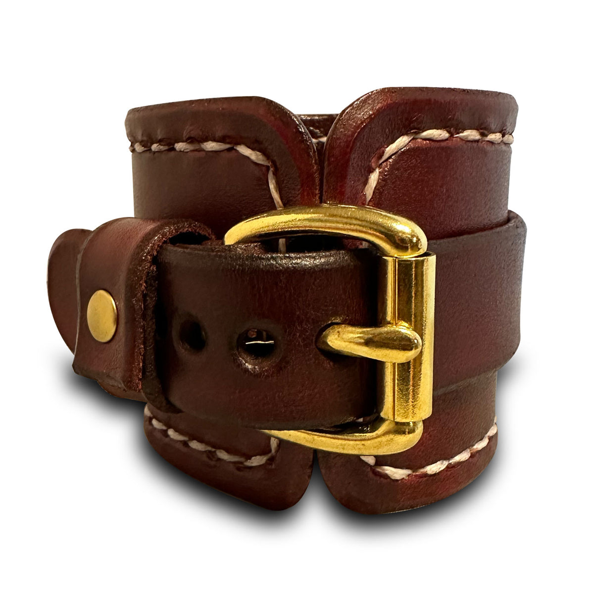 Mahogany Leather Cuff Watch Band w/ Stitching & Brass Buckle-Custom Handmade Leather Watch Bands-Rockstar Leatherworks™