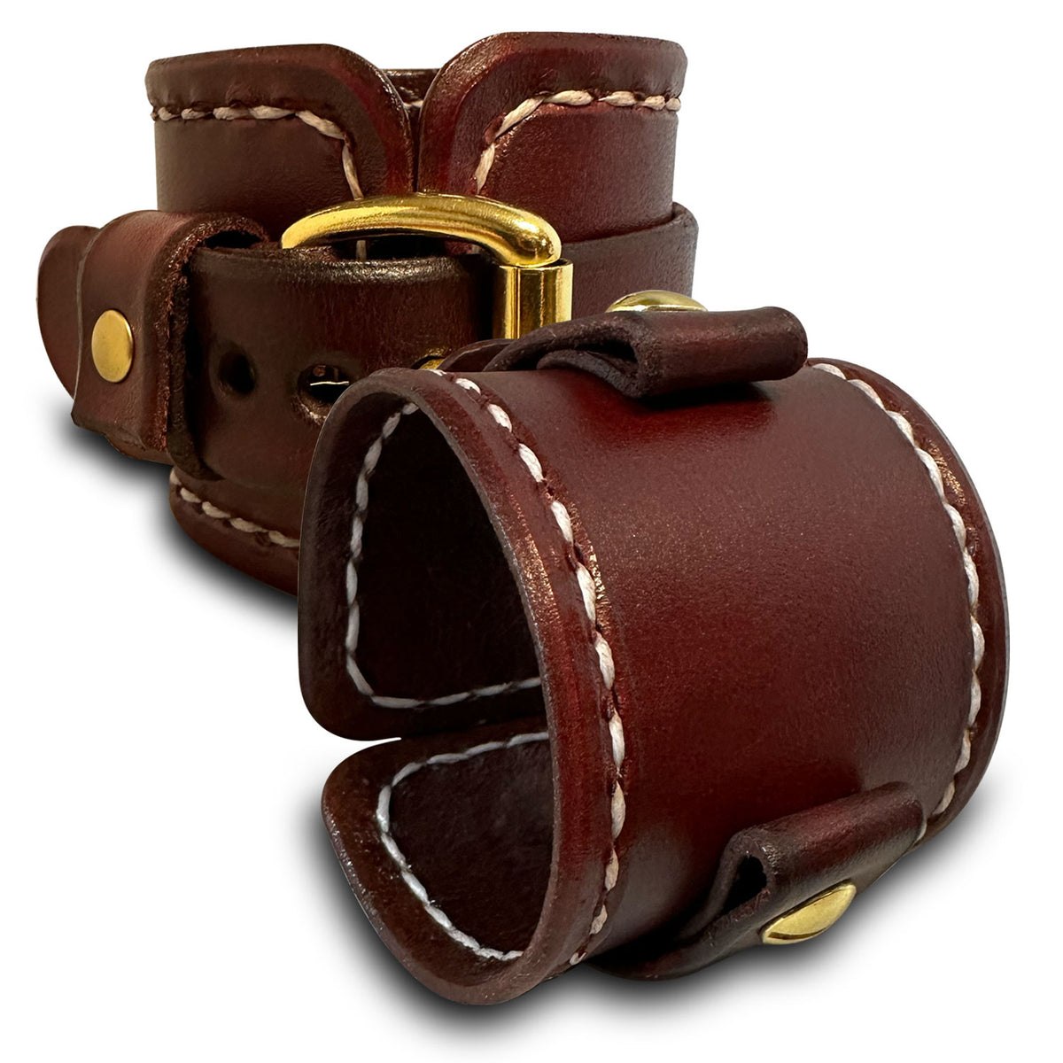 Mahogany Leather Cuff Watch Band w/ Stitching &amp; Brass Buckle-Custom Handmade Leather Watch Bands-Rockstar Leatherworks™