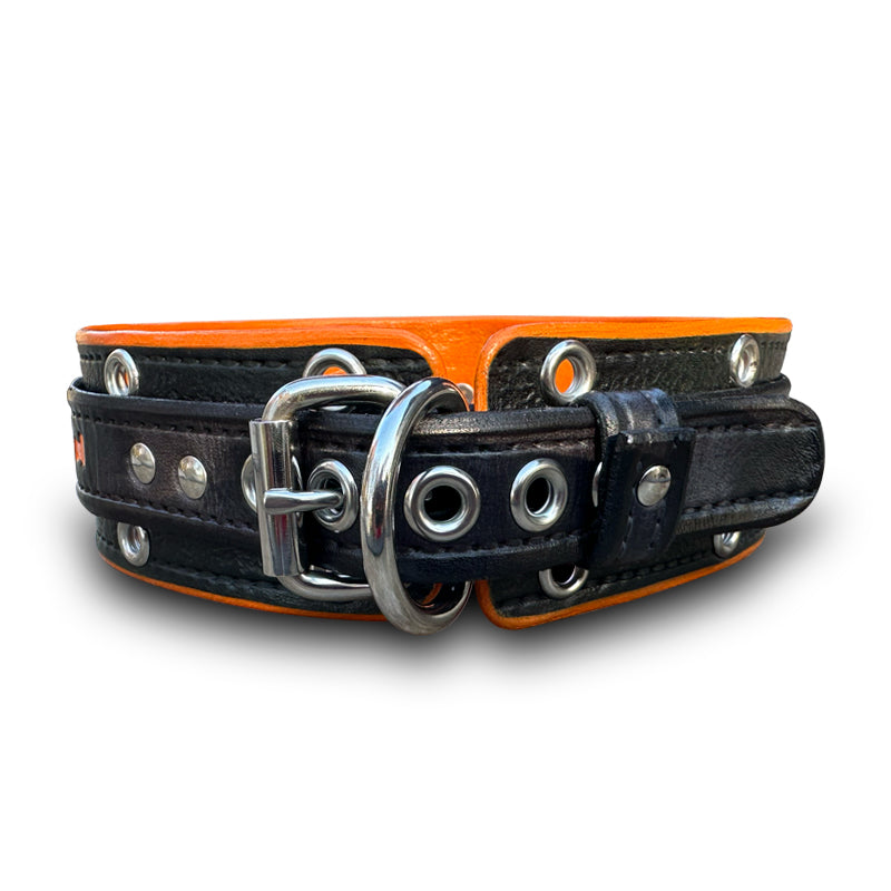 Wide Orange, Slate & Black Leather Double Strap Dog Collar