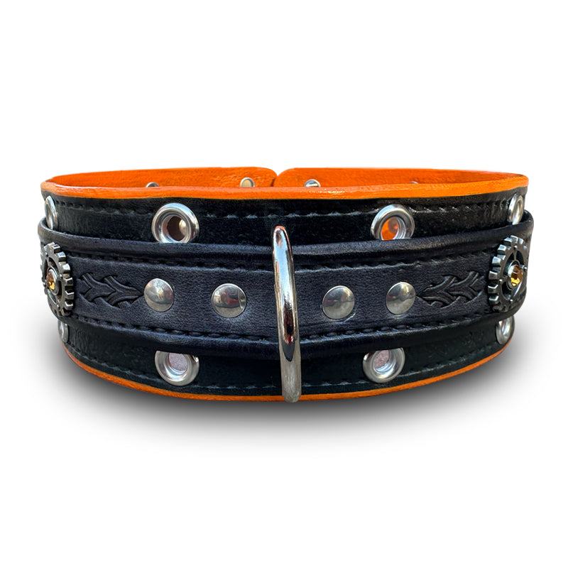 Wide Orange, Slate &amp; Black Leather Double Strap Dog Collar