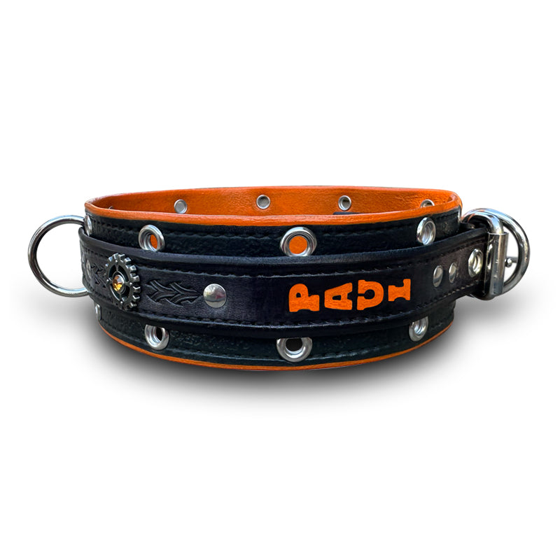 Wide Orange, Slate & Black Leather Double Strap Dog Collar