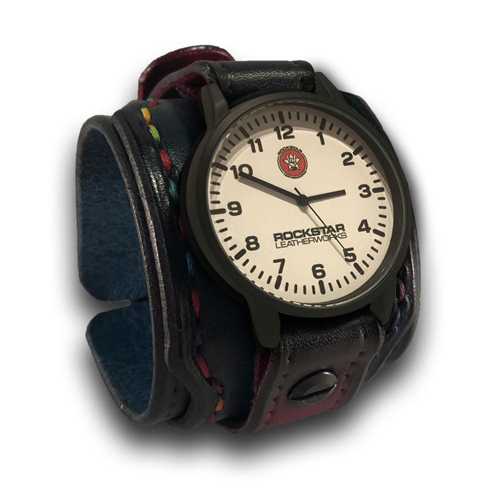 Black, Blue & Oxblood Layered Wide Leather Cuff Watch-Leather Cuff Watches-Rockstar Leatherworks™