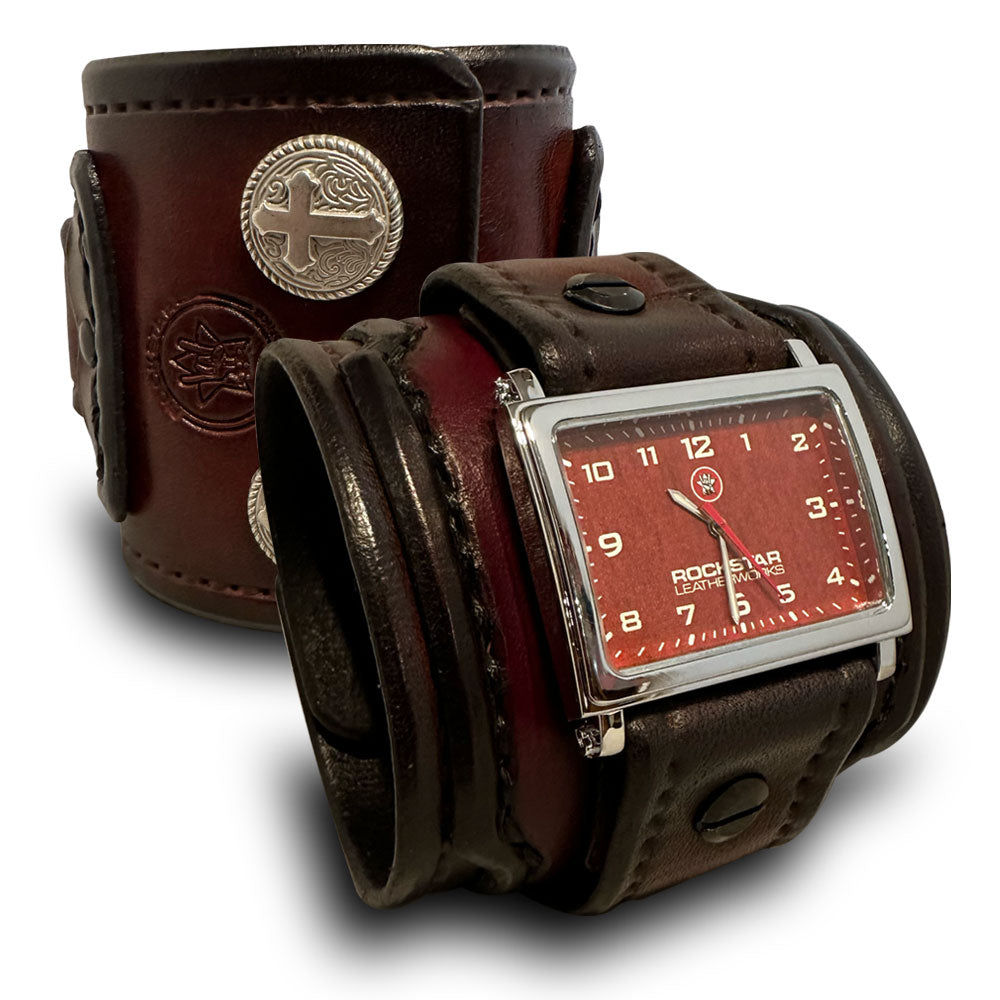 Oxblood Layered Leather Cuff Watch with Cross Snaps-Leather Cuff Watches-Rockstar Leatherworks™