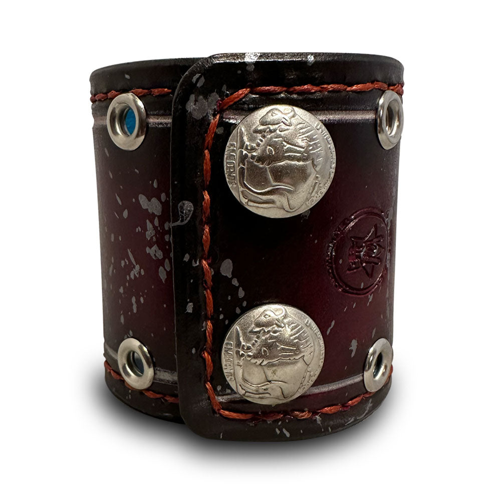 Oxblood Stressed Leather Cuff with Silver Splatter and Snaps-Leather Cuffs & Wristbands-Rockstar Leatherworks™