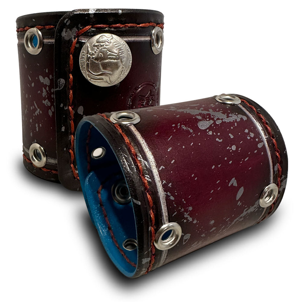 Oxblood Stressed Leather Cuff with Silver Splatter and Snaps-Leather Cuffs &amp; Wristbands-Rockstar Leatherworks™