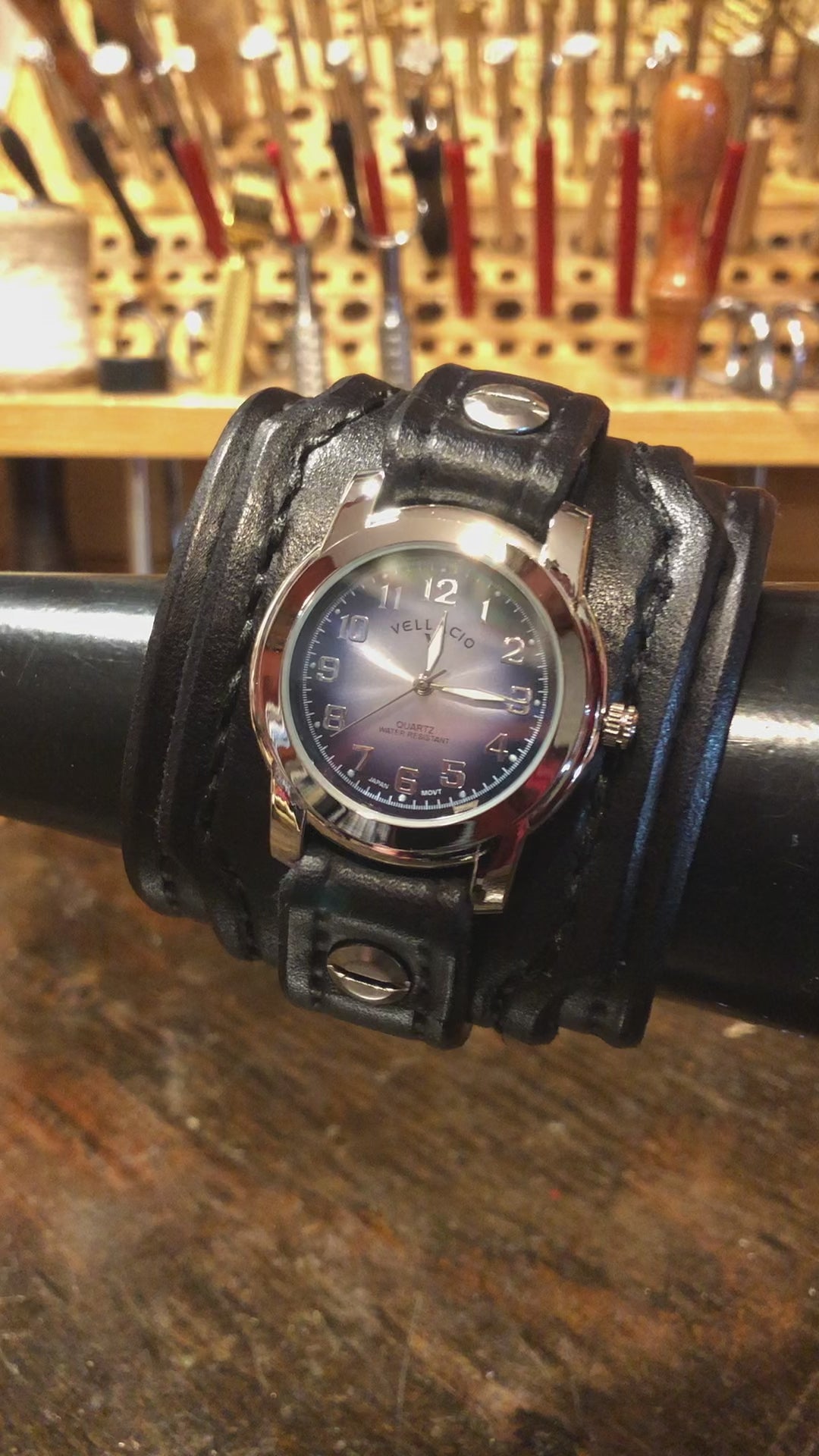 Black Wide Layered Leather Cuff Watch