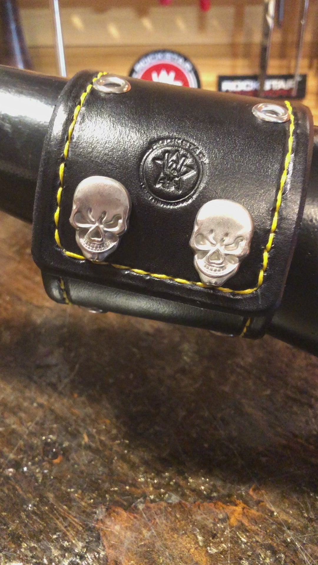 Wide Black Leather Cuff Wristband with Eyelets, Stitching & Skull Snaps