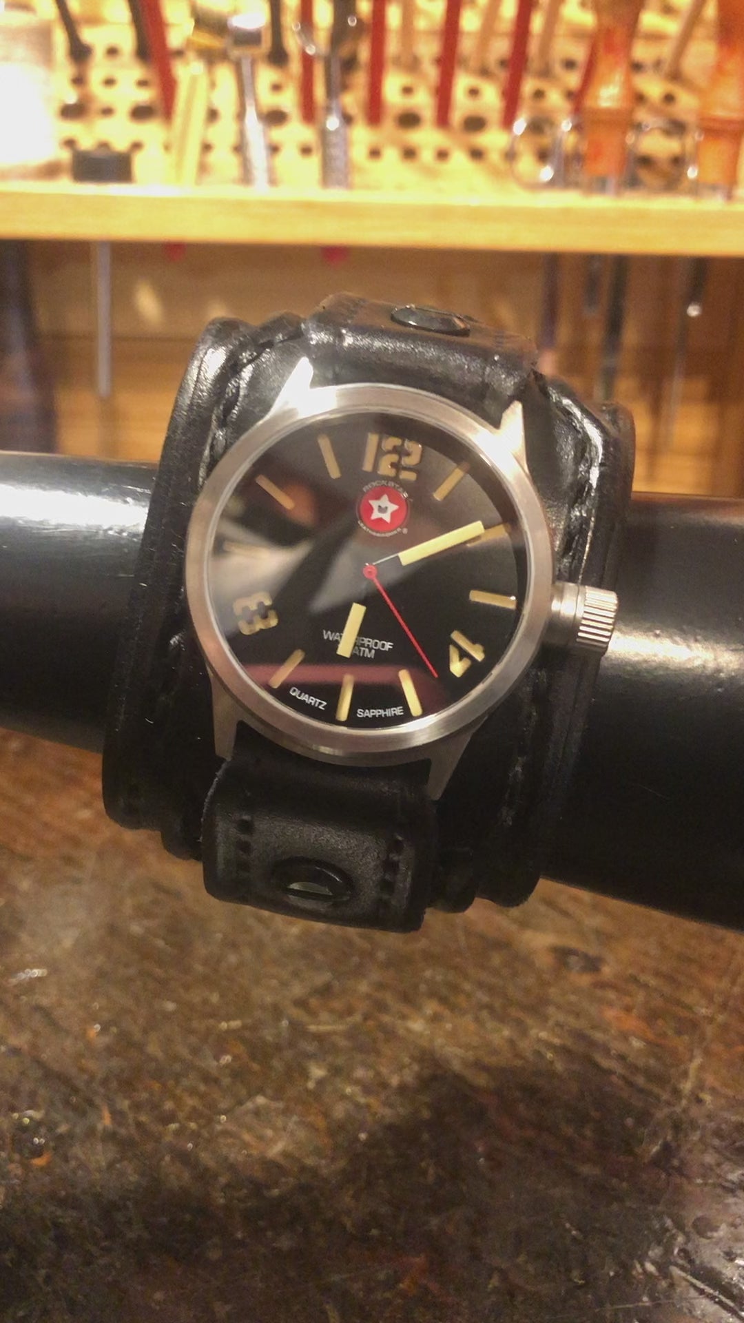 Black Layered Leather Cuff Watch with 42mm Stainless