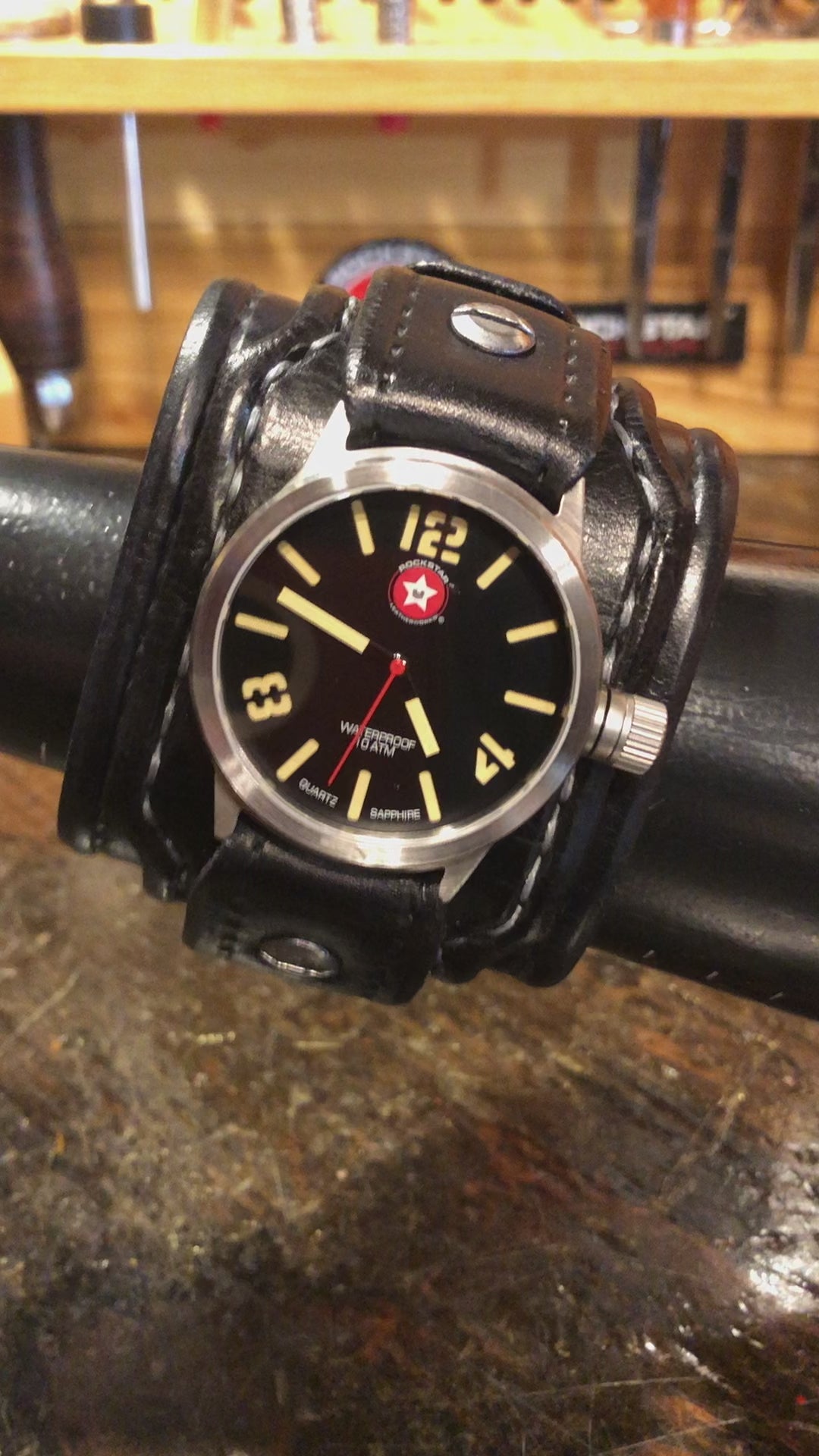 Black Layered Leather Cuff Watch with Stainless 42mm Watch