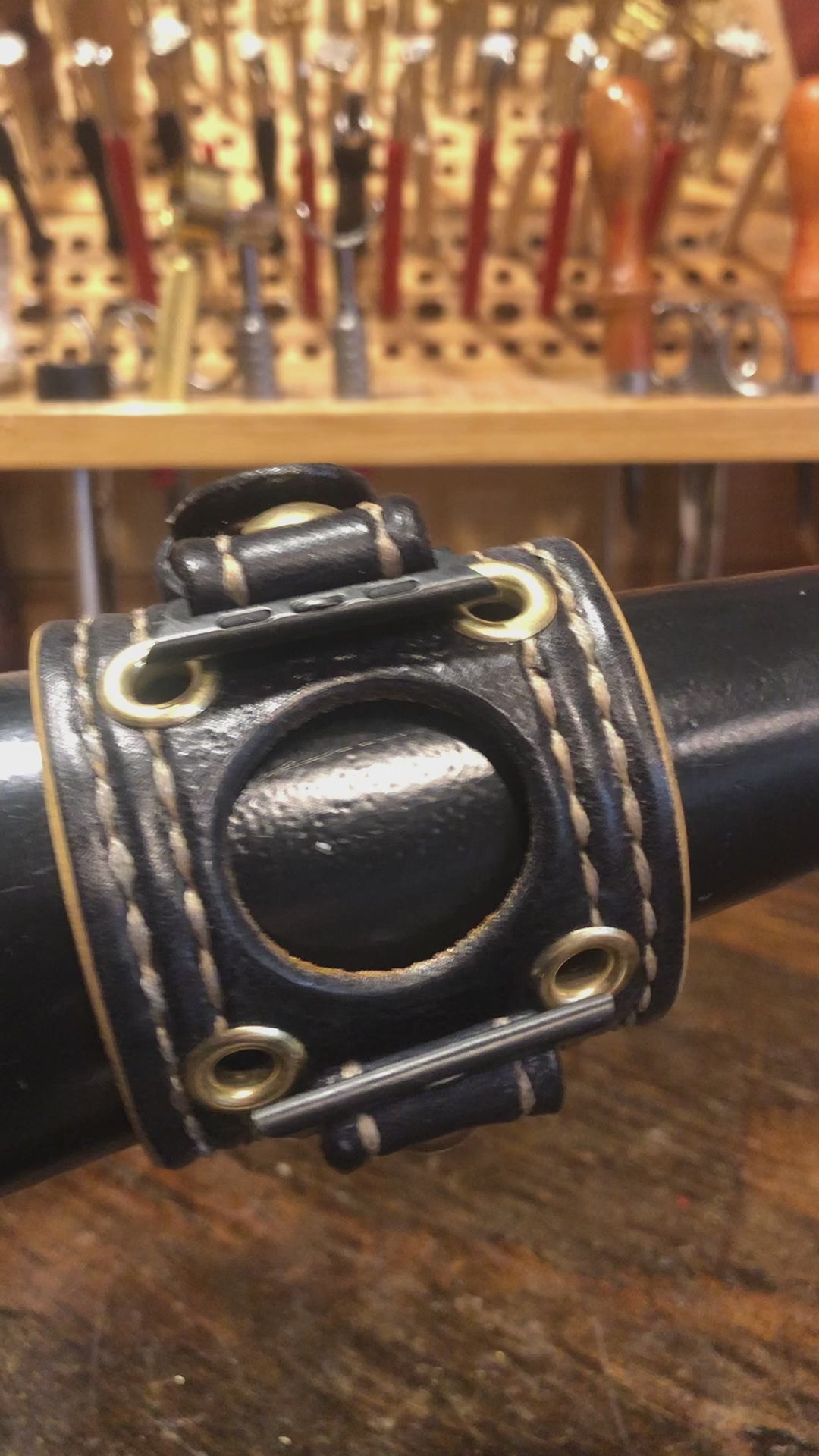 Black and Gold Apple iWatch Leather Cuff Band with Brass Eyelets