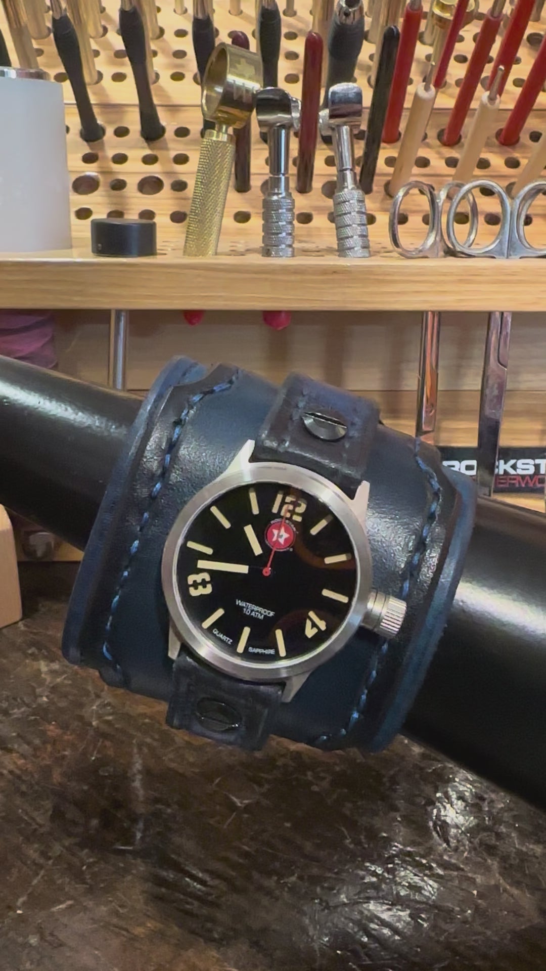 Blue Layered Leather Cuff Watch with Eyelets & Compass Snaps