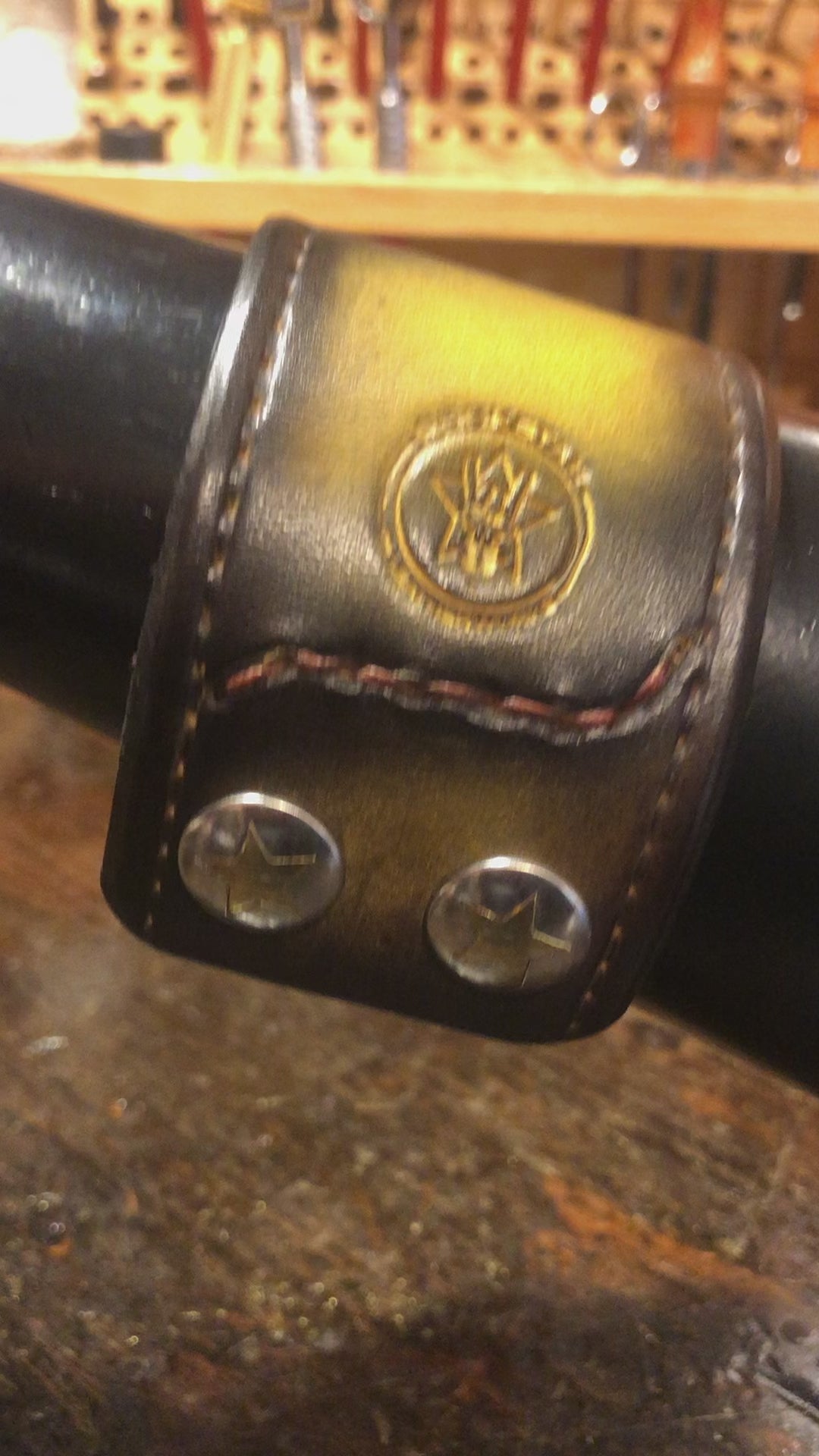 Mahogany, Yellow & Black Stressed Leather Cuff with Star Snaps