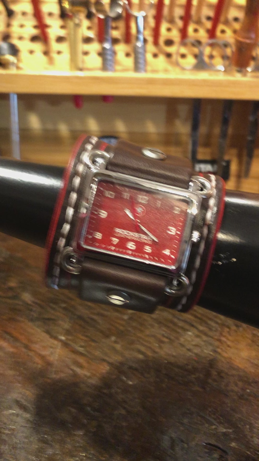 Wide Dark Brown and Red Leather Cuff Watch with Snaps