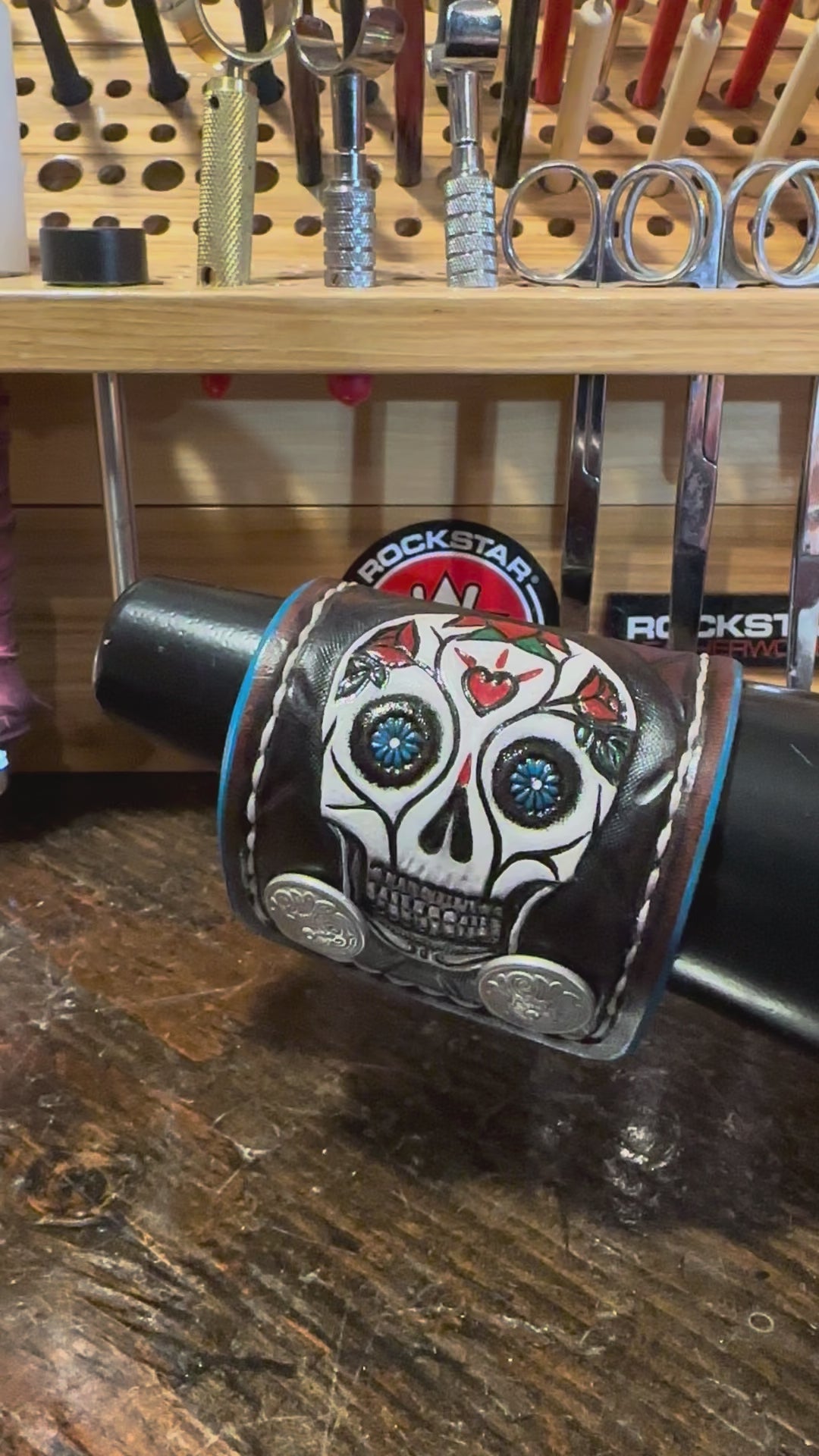 Sugar Skull Leather Cuff Wristband with Snaps & White Stitching