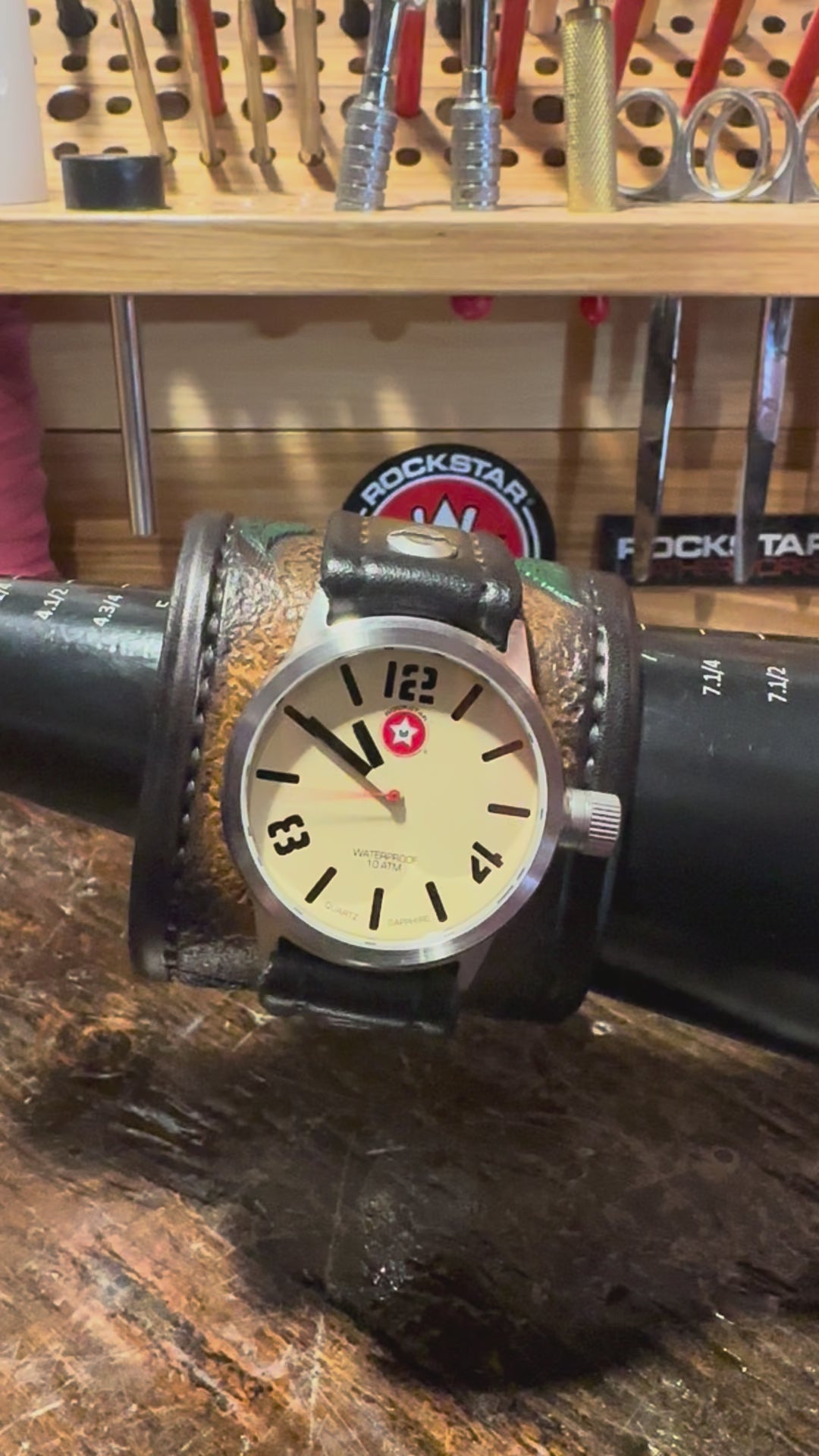 Brown Leather Cuff Watch Rose & Vines with Snaps & 42mm Watch