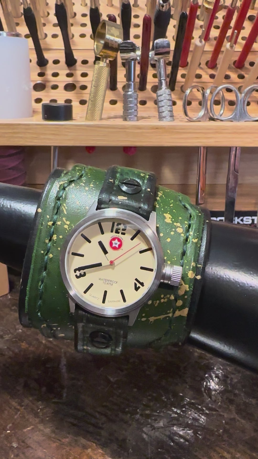 Green & Gold Layered Leather Cuff Watch with Eyelets & Celtic Snaps