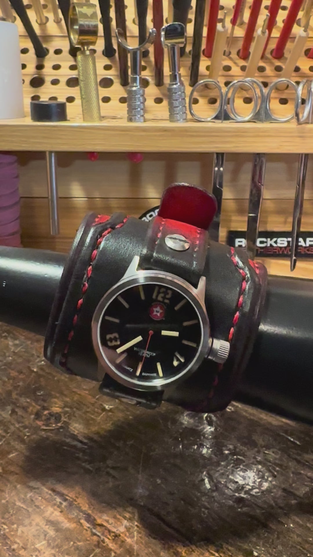 Black & Red Wide Layered Leather Cuff Watch with 42mm Watch