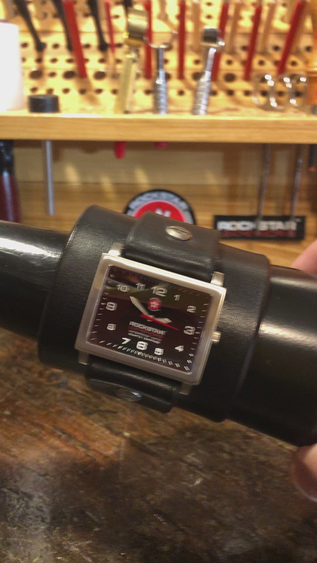 Black Rockstar Leather Cuff Watch - Stainless, Sapphire, 10ATM