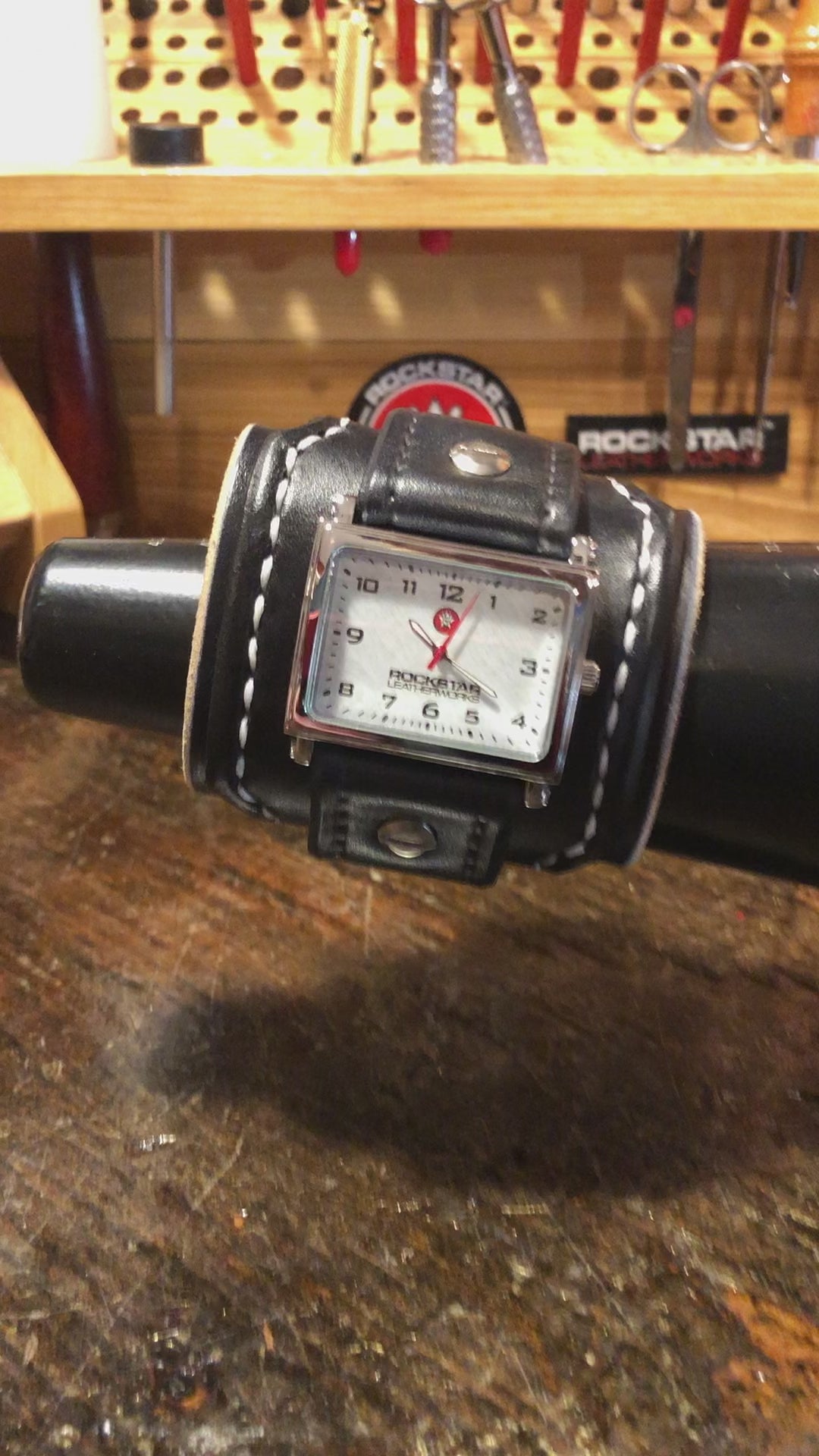 Black Wide Layered Leather Cuff Watch