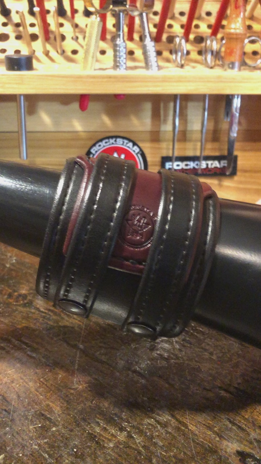 Black & Bordeaux Layered Double Strap Leather Cuff with Black Snaps