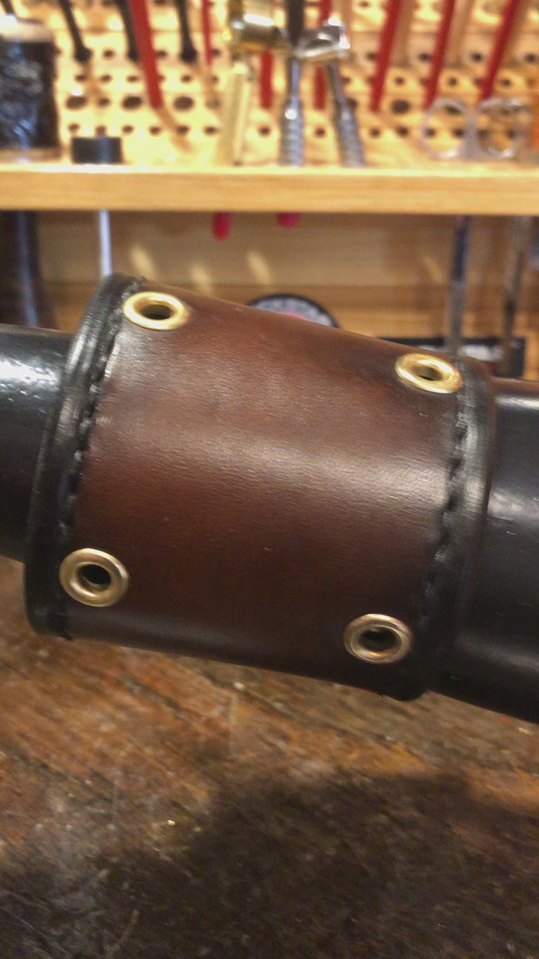 Bison Brown Leather Cuff with Eyelets, Stitching & Skull Snaps