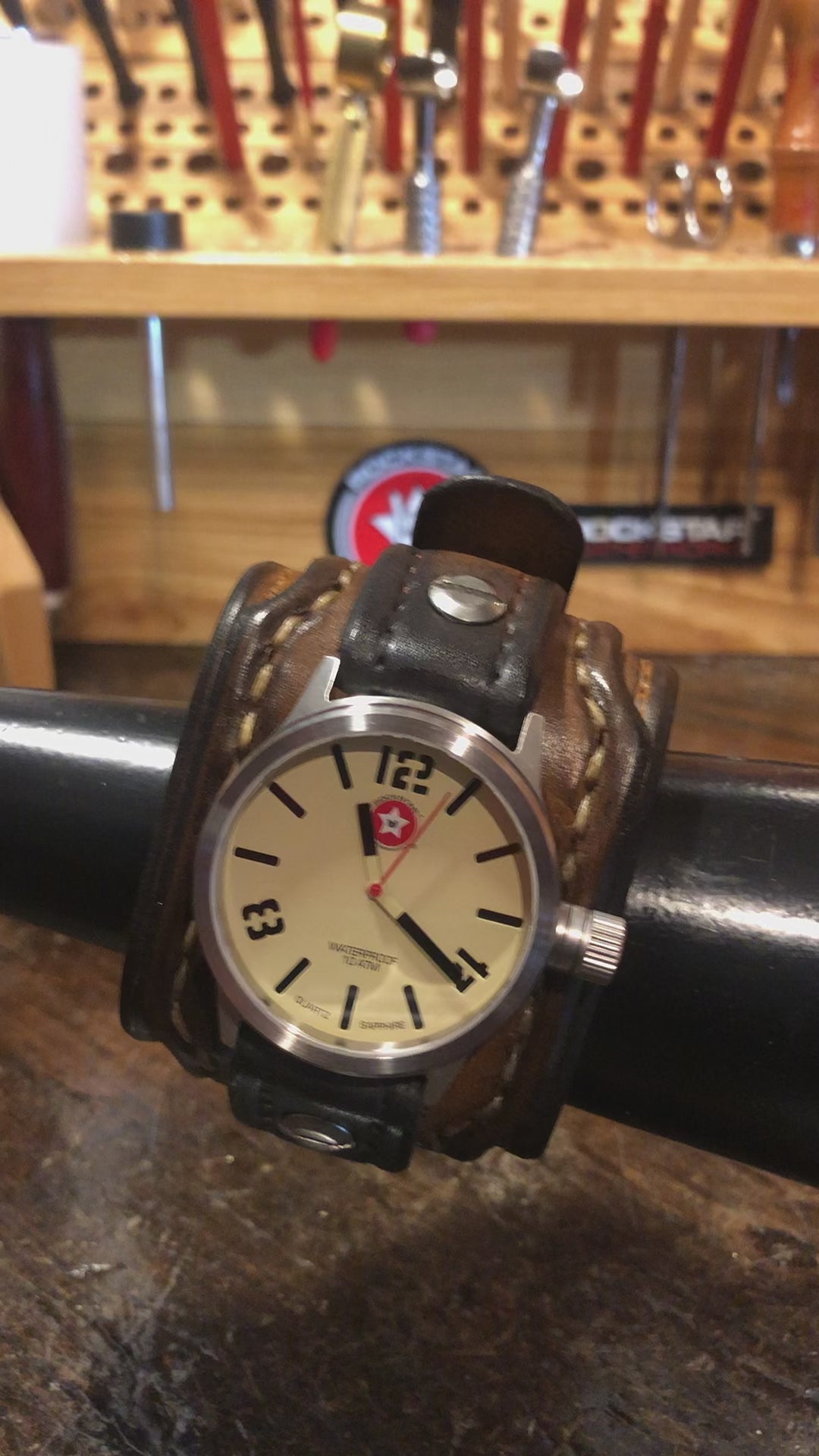 Brown Layered Leather Cuff Watch with 42mm Stainless Watch