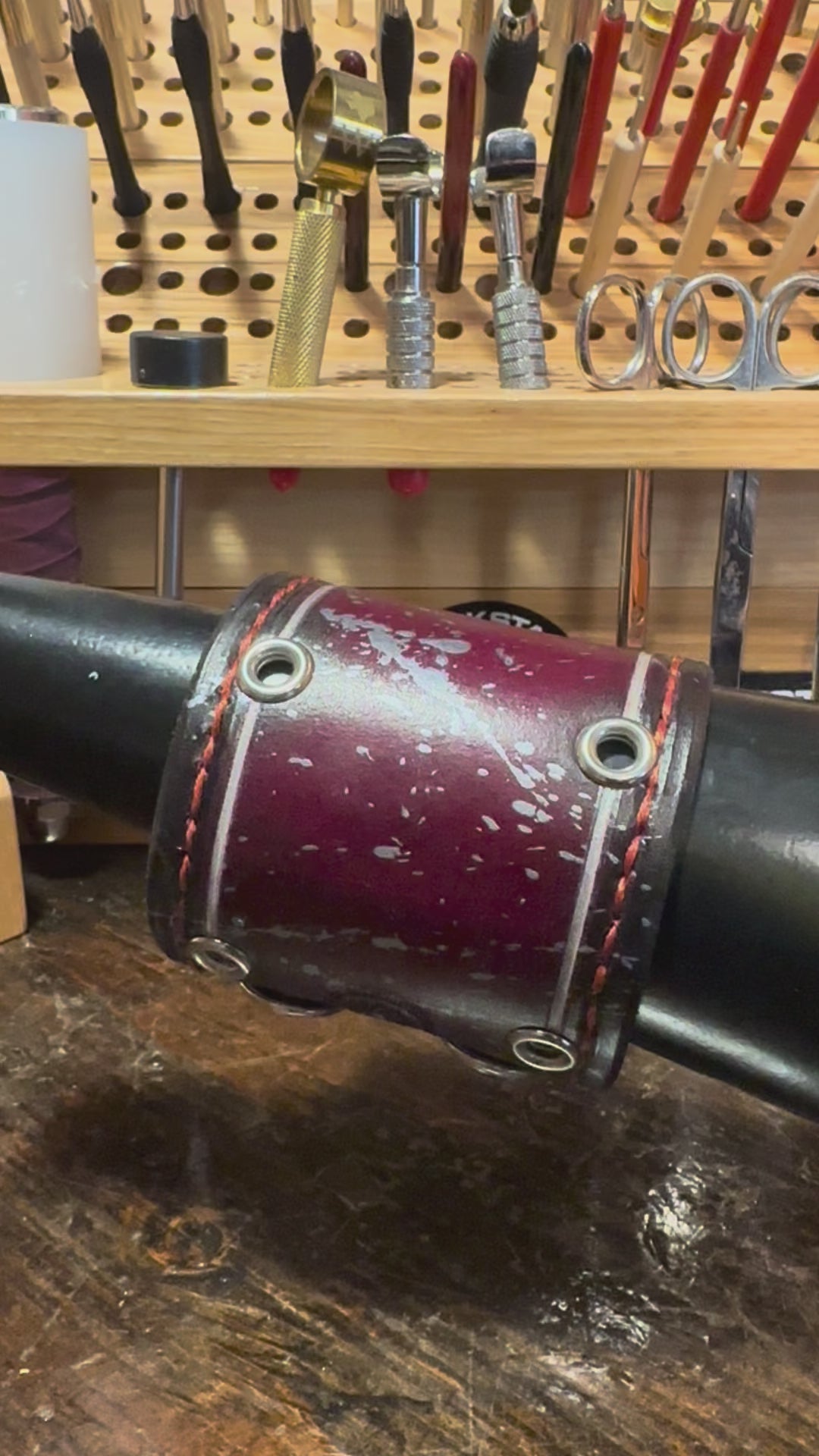 Oxblood Stressed Leather Cuff with Silver Splatter and Snaps