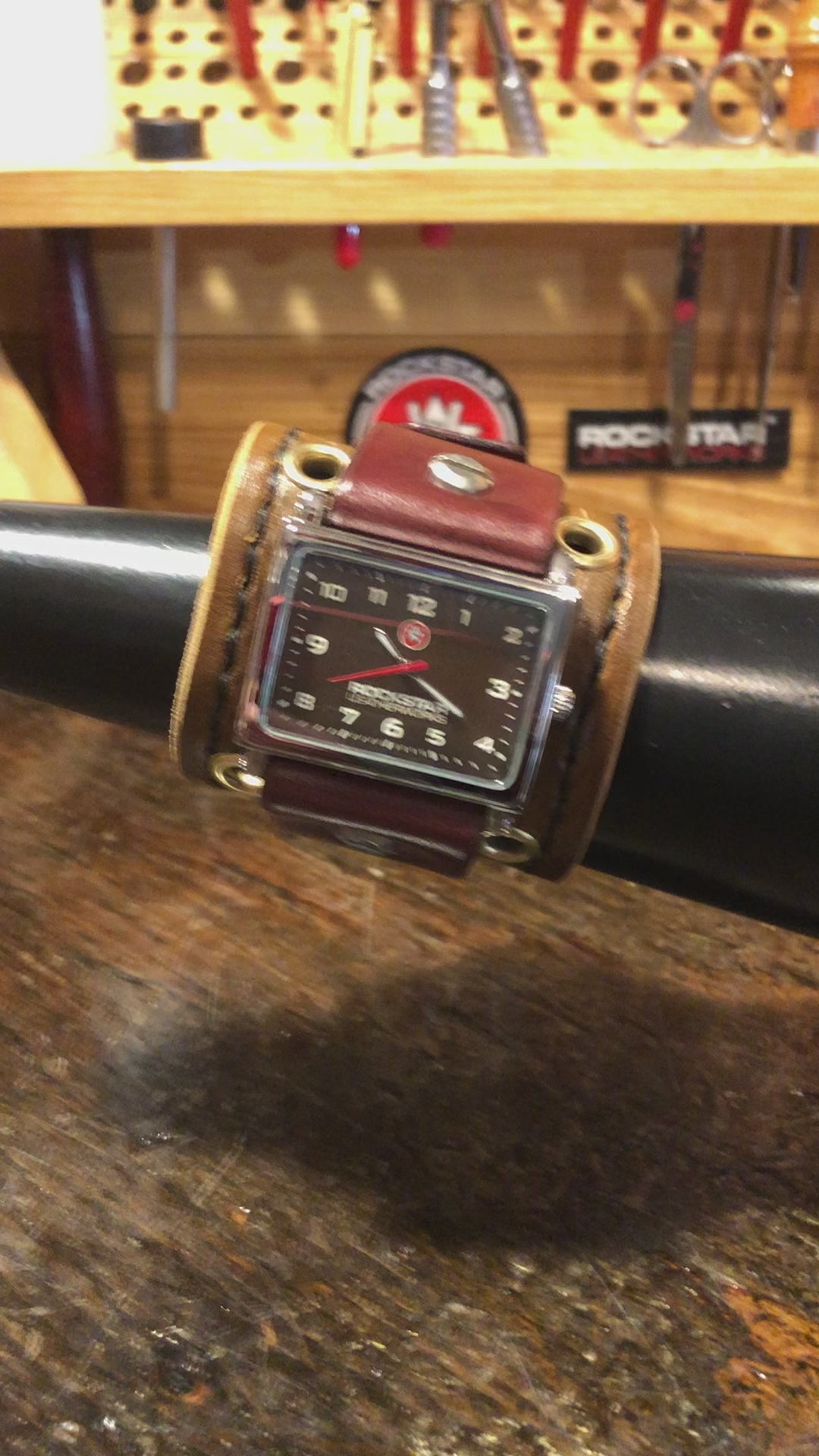 Brown & Bordeaux Leather Cuff Watch with Stitching & Eyelets