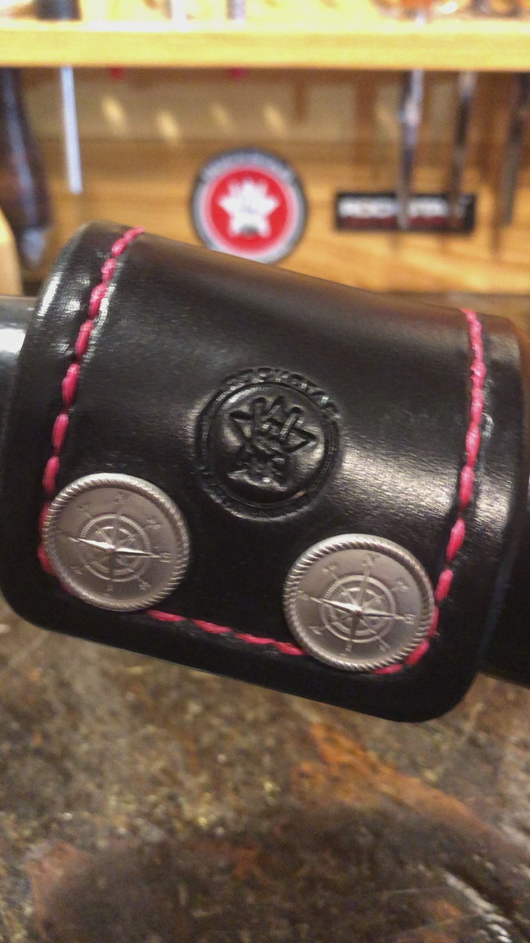 Black Leather Cuff Wristband with Pink Stitching & Compass Snaps