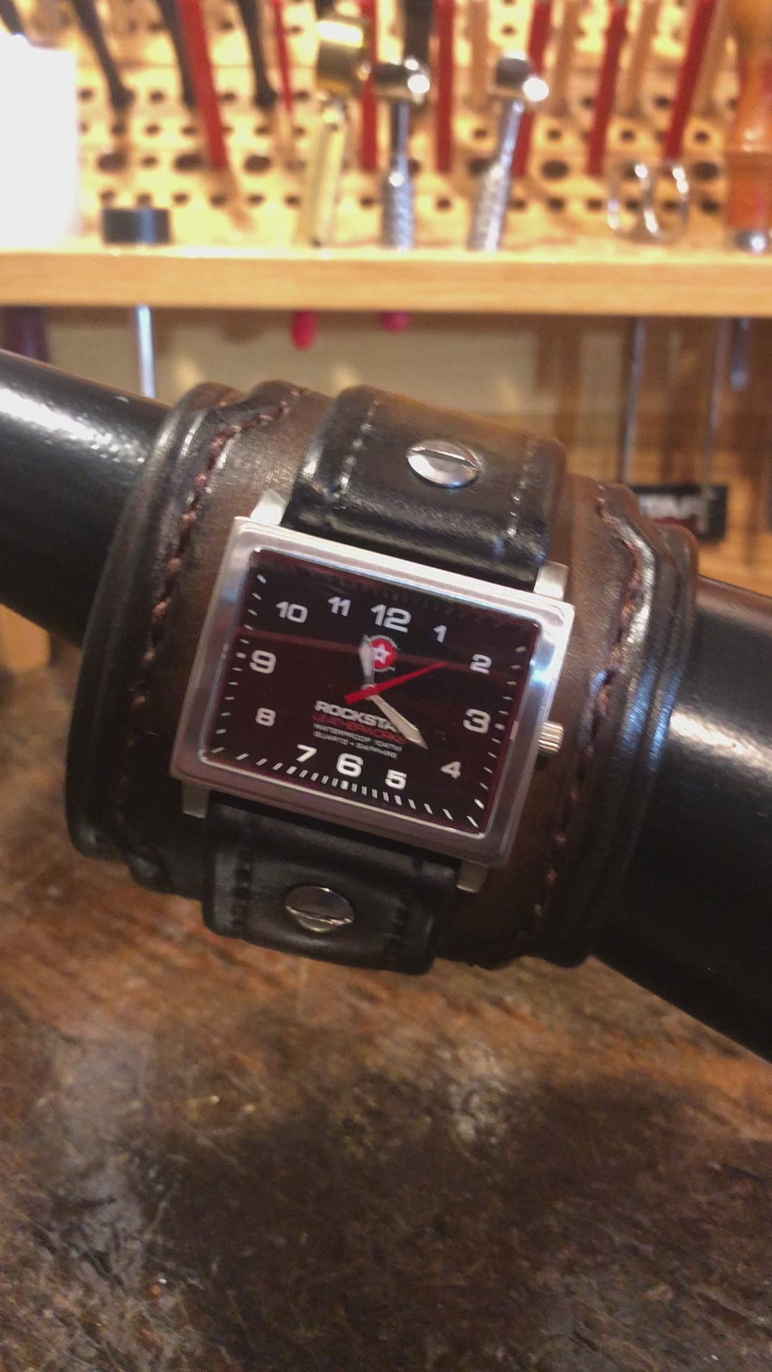 Bison Brown Stressed Layered Leather Cuff Watch - 42mm, Eyelets & Snaps