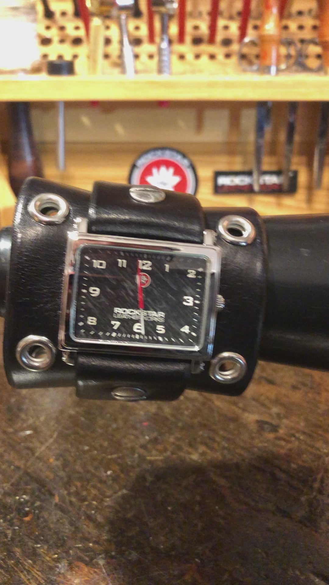 Wide Black Leather Cuff Watch with Skull Snaps & Eyelets