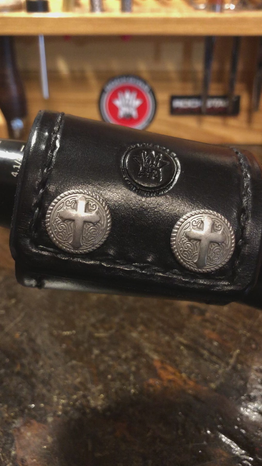 Wide Black Leather Cuff Wristband with Stitching & Cross Snaps