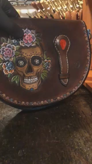 Brown Leather Sugar Skull Handbag