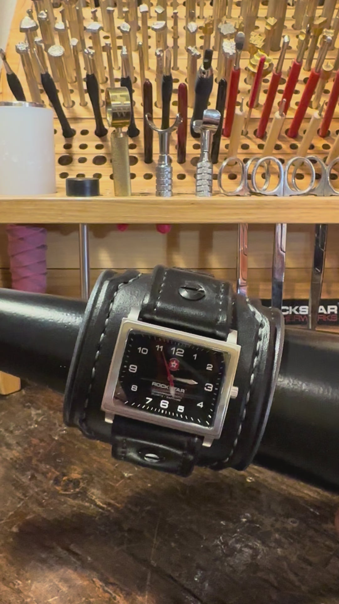 Black Layered Leather Cuff Watch with 42mm Stainless Watch