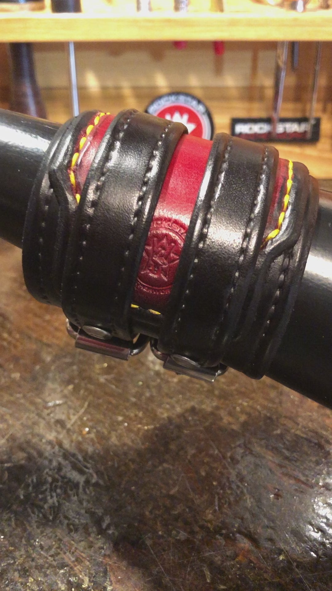 Black & Red Leather Double Strap Double Buckle Cuff Wristband