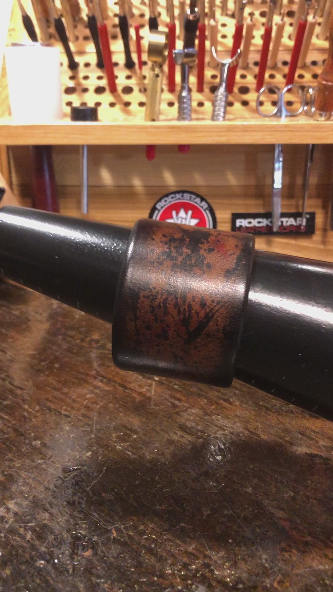 Brown Leather Splatter Cuff Wristband with Antique Copper Snaps