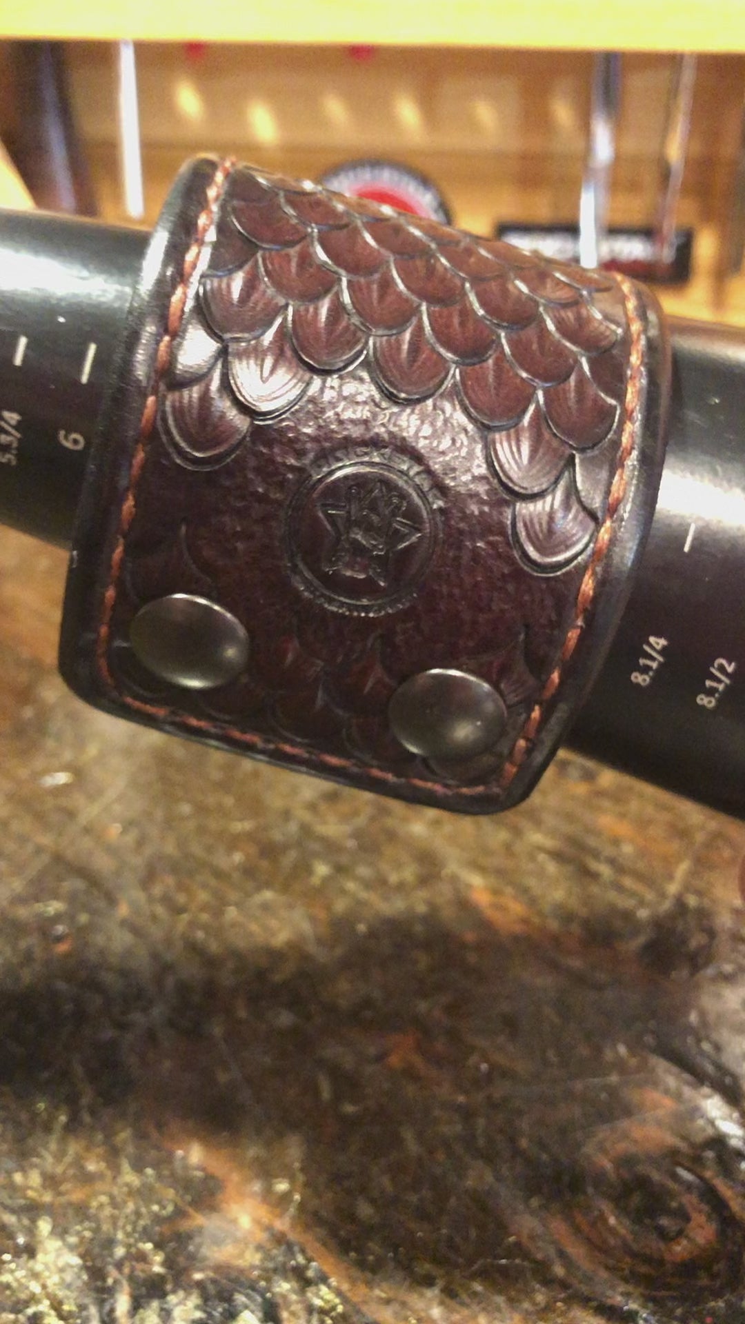 Dark Mahogany Dragon Scale Leather Cuff with Stitching and Snaps