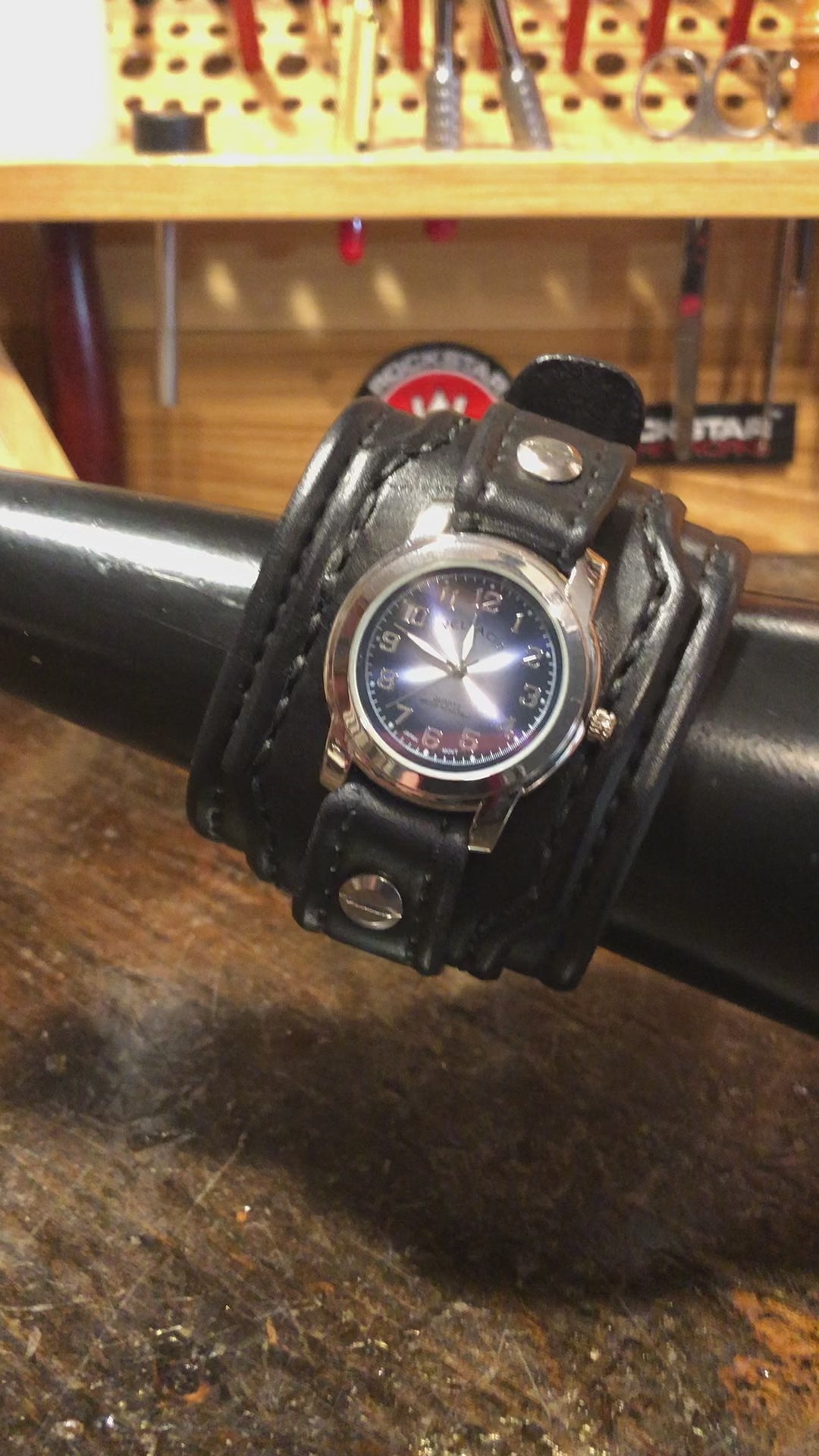 Black Rockstar Layered Leather Cuff Watch with Stitching