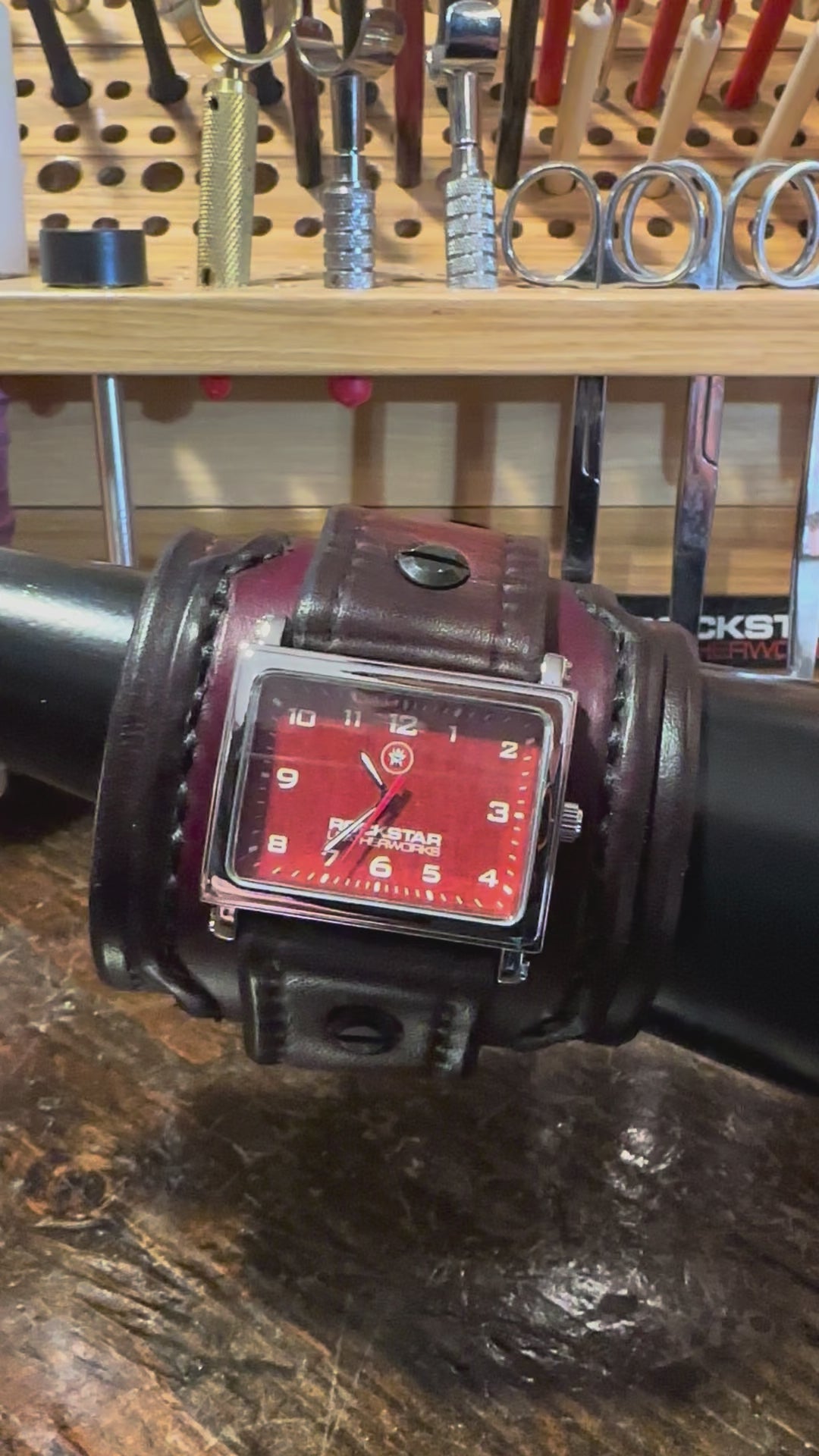 Oxblood Layered Leather Cuff Watch with Cross Snaps
