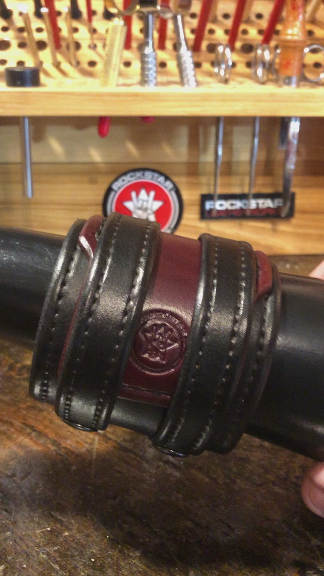 Black & Bordeaux Layered Double Strap Leather Cuff with Black Snaps