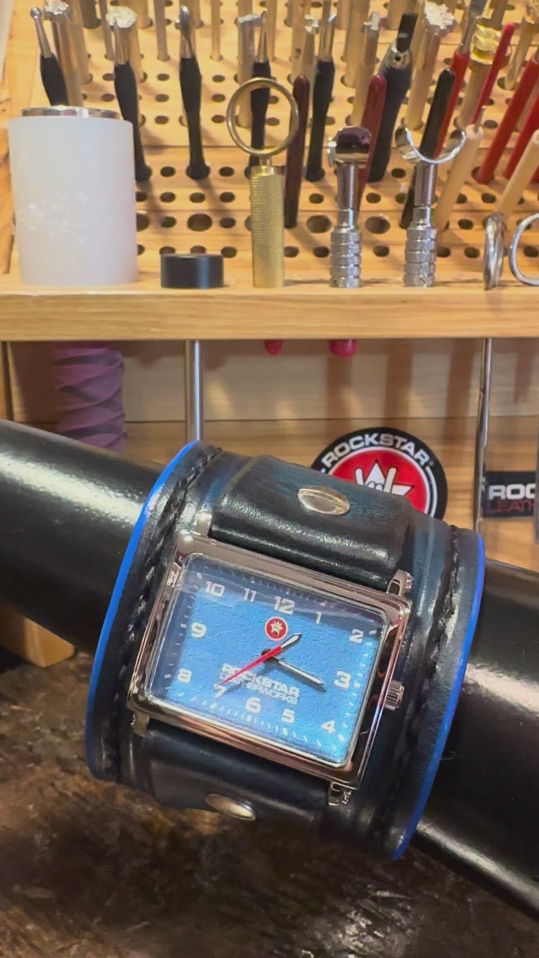 Dark Blue Leather Cuff Watch with Black Hand Stitching & Snaps