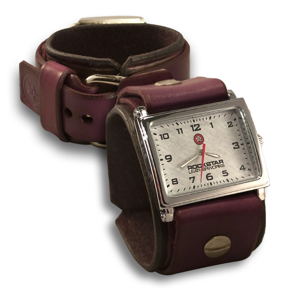 Purple Leather Cuff Watch with Stainless Buckle-Leather Cuff Watches-Rockstar Leatherworks™