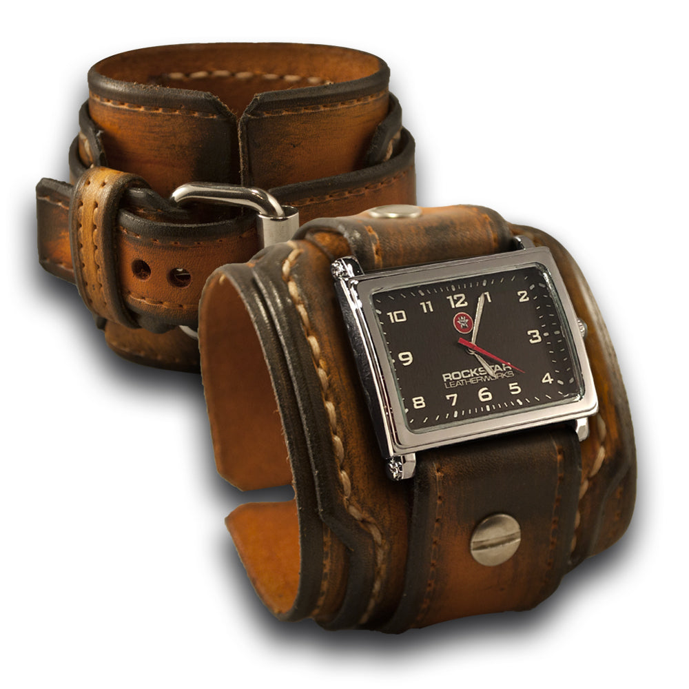 Range Tan Stressed Rockstar Layered Leather Cuff Watch-Leather Cuff Watches-Rockstar Leatherworks™