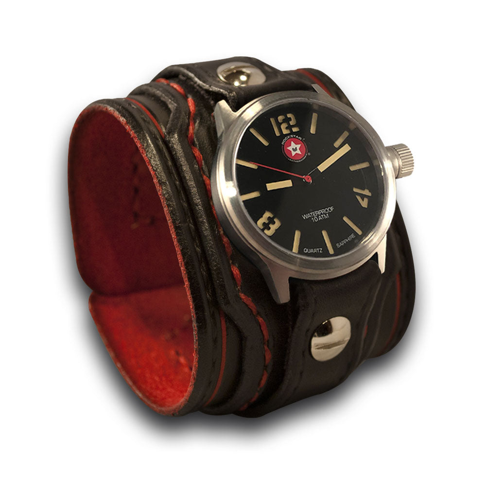 Black & Red Layered Leather Cuff Watch with Red Stitching-Leather Cuff Watches-Rockstar Leatherworks™