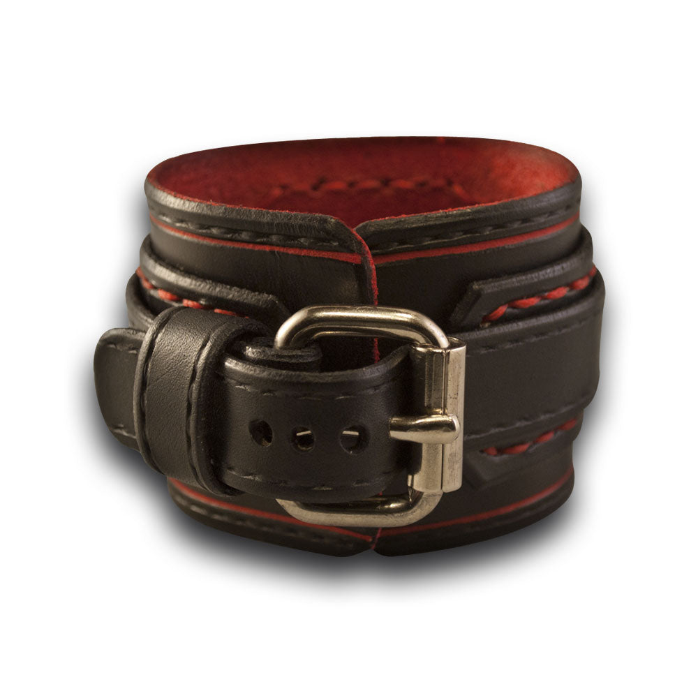 Black & Red Layered Leather Cuff Watch with Red Stitching-Leather Cuff Watches-Rockstar Leatherworks™