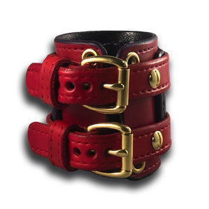 Red & Purple Leather Double Strap Layered Wristband with Double Buckles-Leather Cuffs & Wristbands-Rockstar Leatherworks™