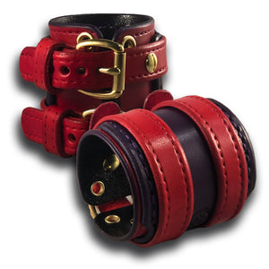 Red & Purple Leather Double Strap Layered Wristband with Double Buckles-Leather Cuffs & Wristbands-Rockstar Leatherworks™