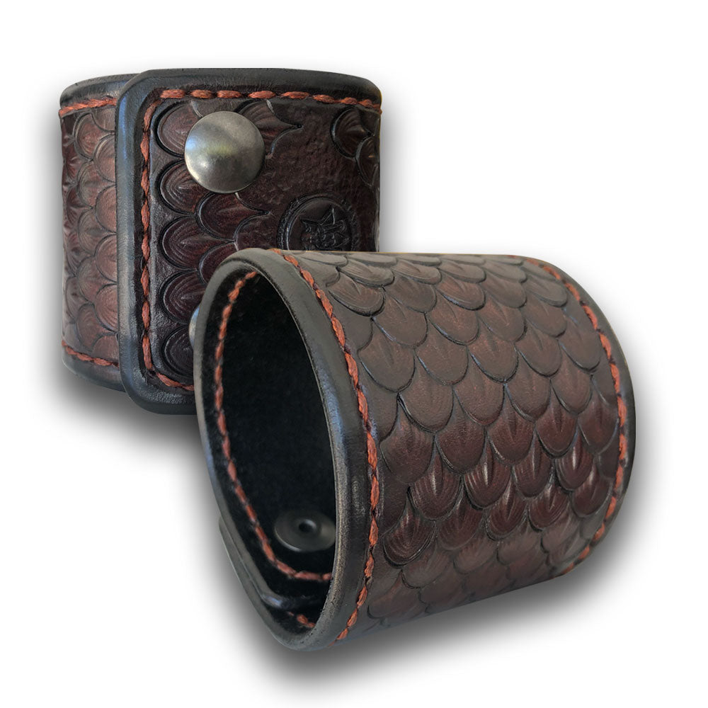 Dark Mahogany Dragon Scale Leather Cuff with Stitching and Snaps-Leather Cuffs & Wristbands-Rockstar Leatherworks™