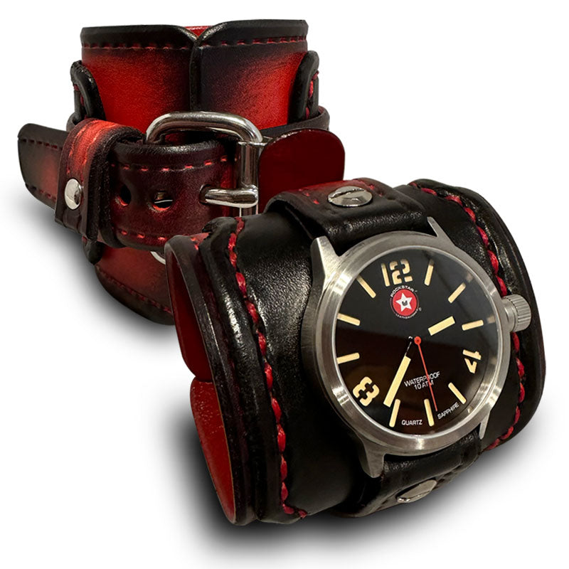 Black & Red Wide Layered Leather Cuff Watch with 42mm Watch-Leather Cuff Watches-Rockstar Leatherworks™