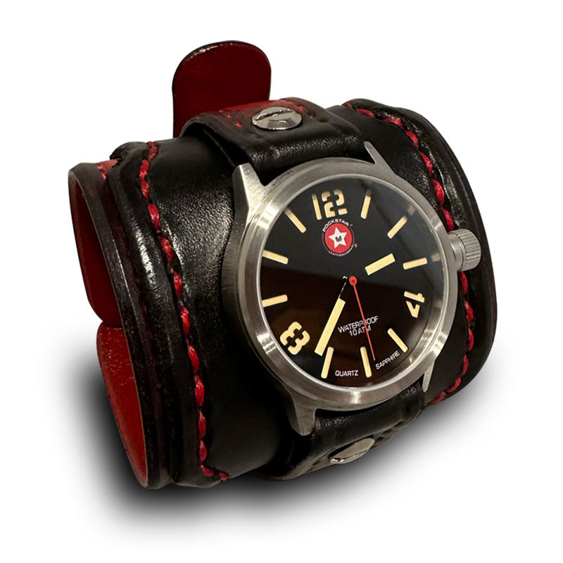 Black & Red Wide Layered Leather Cuff Watch with 42mm Watch